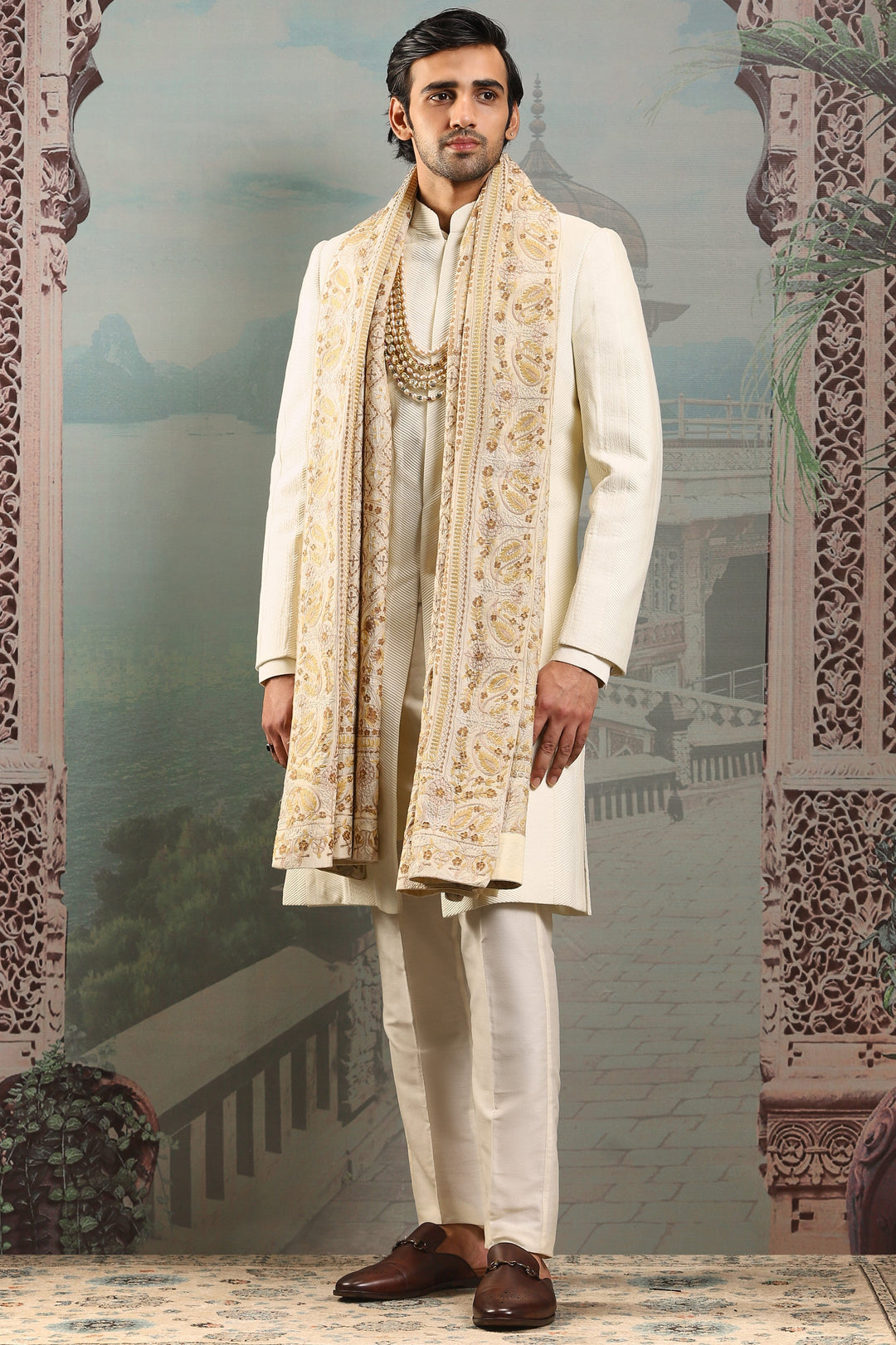 Seher Gold Silk Embroidered Stole