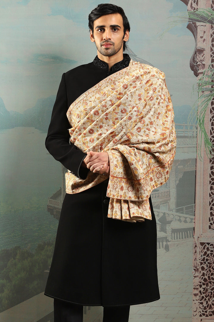 Champagne Gold Silk Ornate Embroidered Stole