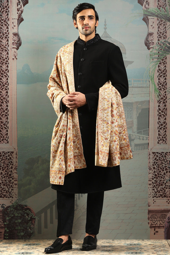Champagne Gold Silk Ornate Embroidered Stole