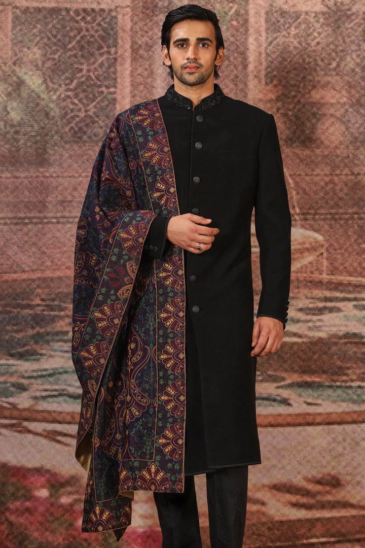 Navy Silk Floral Embroidered Stole
