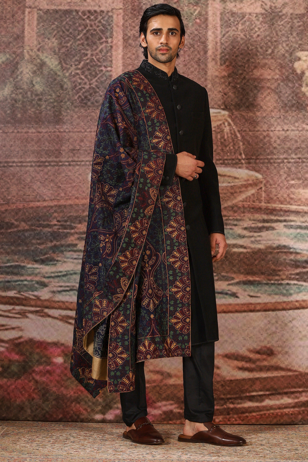 Navy Silk Floral Embroidered Stole