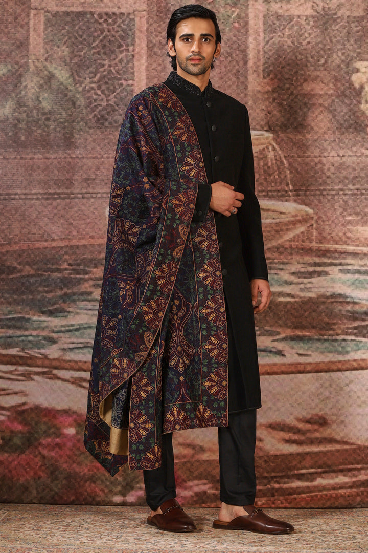 Navy Silk Floral Embroidered Stole