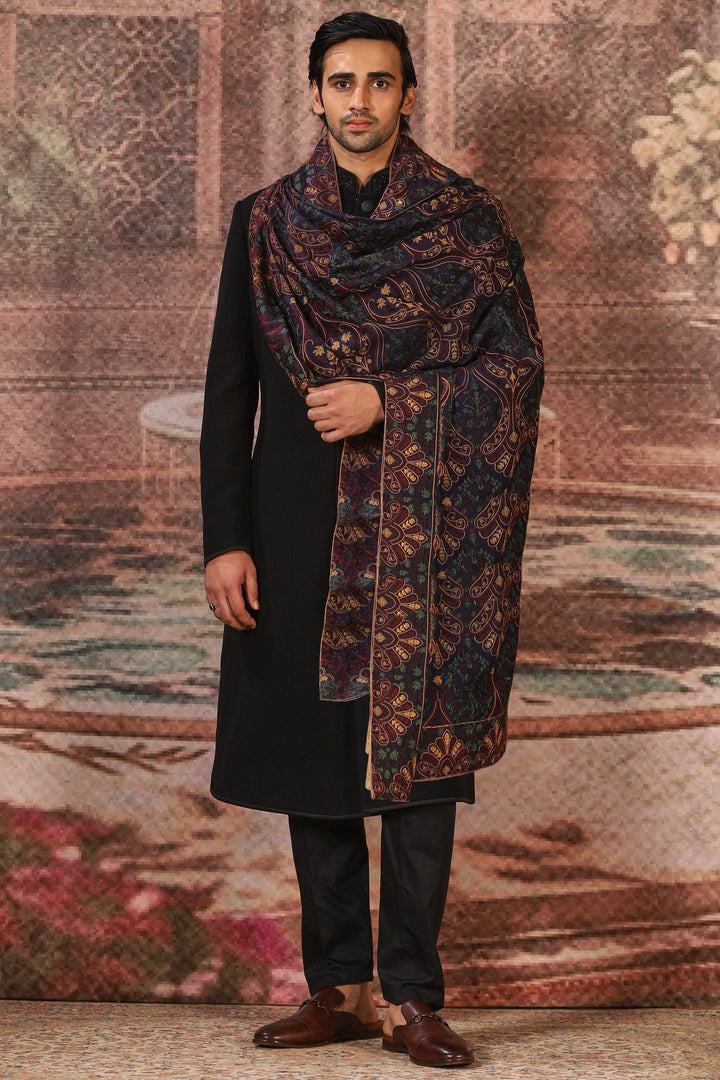 Navy Silk Floral Embroidered Stole