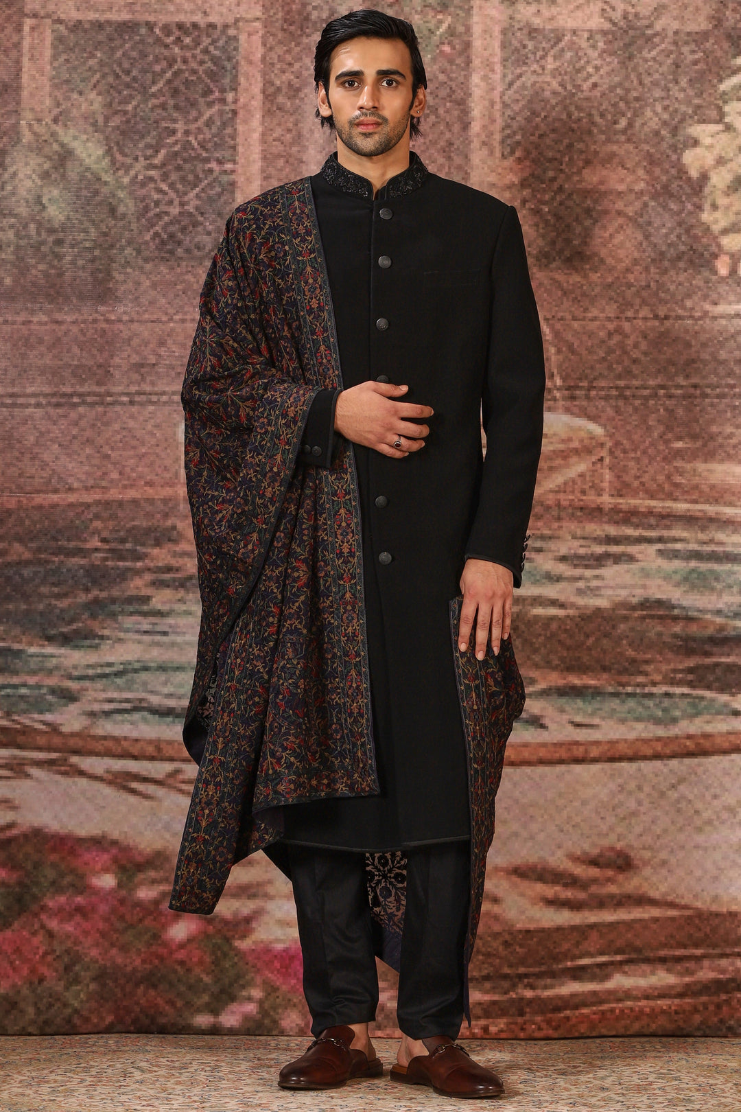 Black Floral Motifs Silk Embroidered Stole