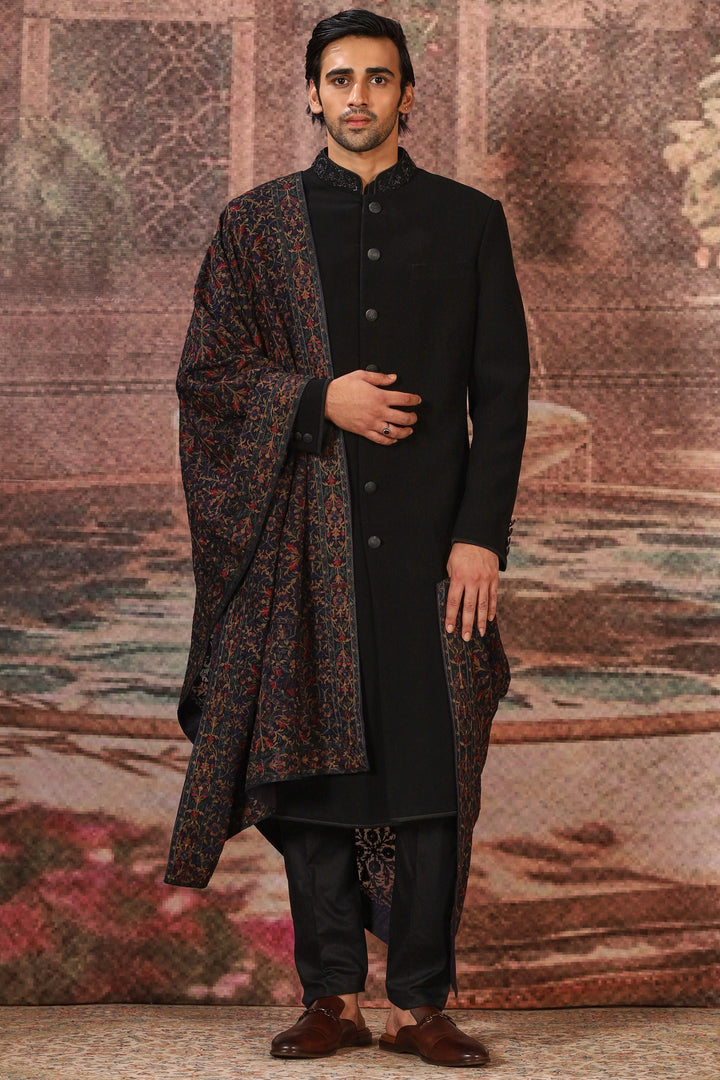 Black Floral Motifs Silk Embroidered Stole