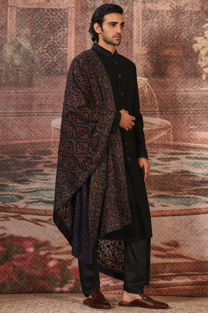 Black Floral Motifs Silk Embroidered Stole