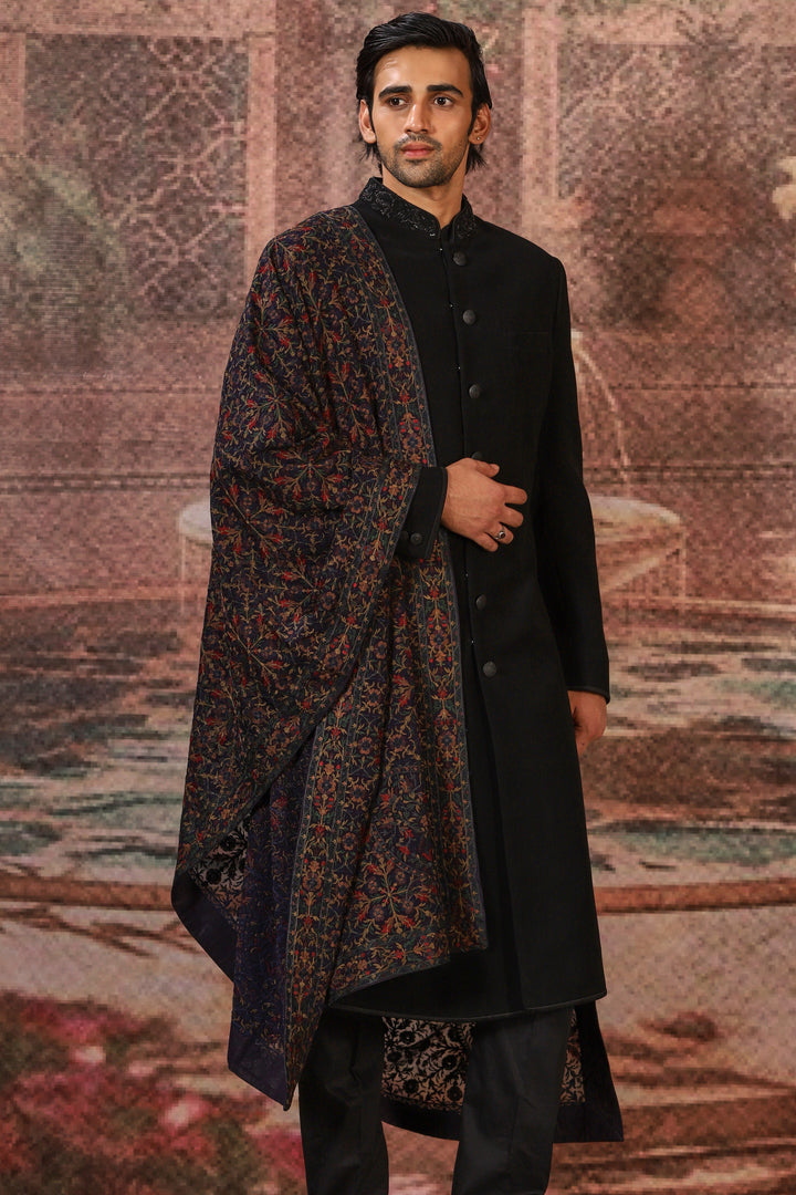 Black Floral Motifs Silk Embroidered Stole