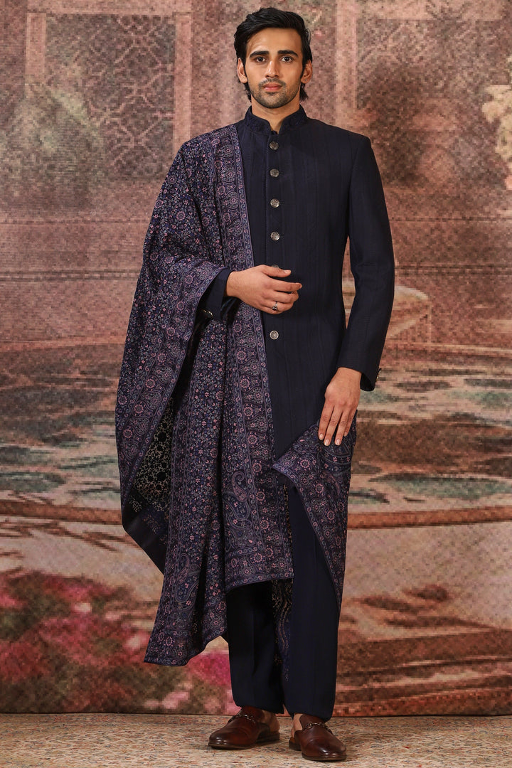 Midnight Blue Silk Embroidered Stole