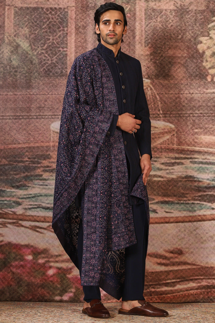 Midnight Blue Silk Embroidered Stole