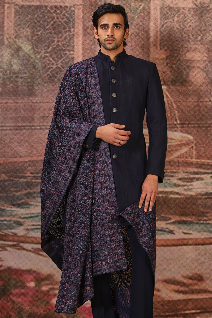 Midnight Blue Silk Embroidered Stole
