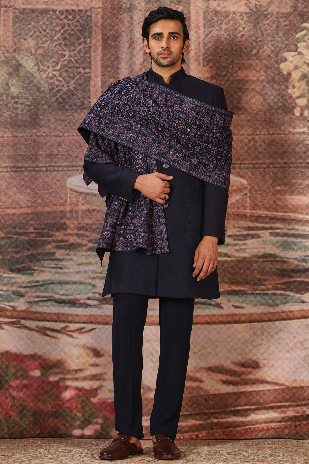 Midnight Blue Silk Embroidered Stole