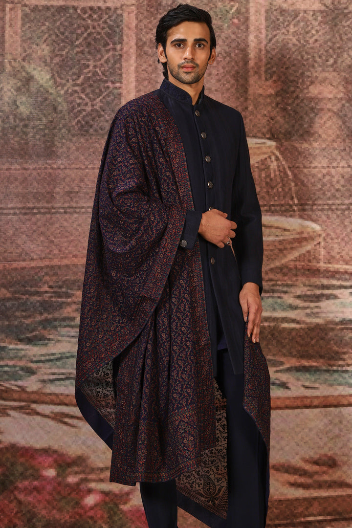 Ornate Deep Indigo Silk Embroidered Stole