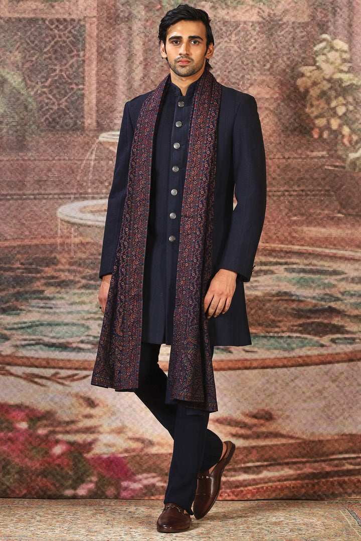 Ornate Deep Indigo Silk Embroidered Stole