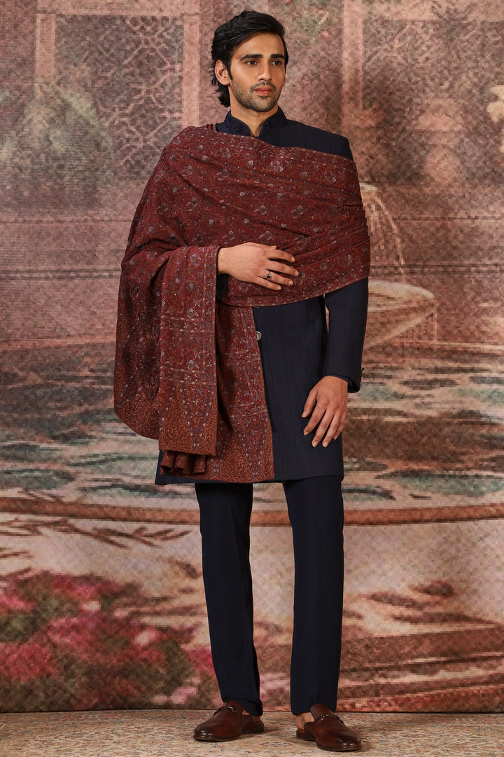 Maroon Floral Silk Embroidered Stole