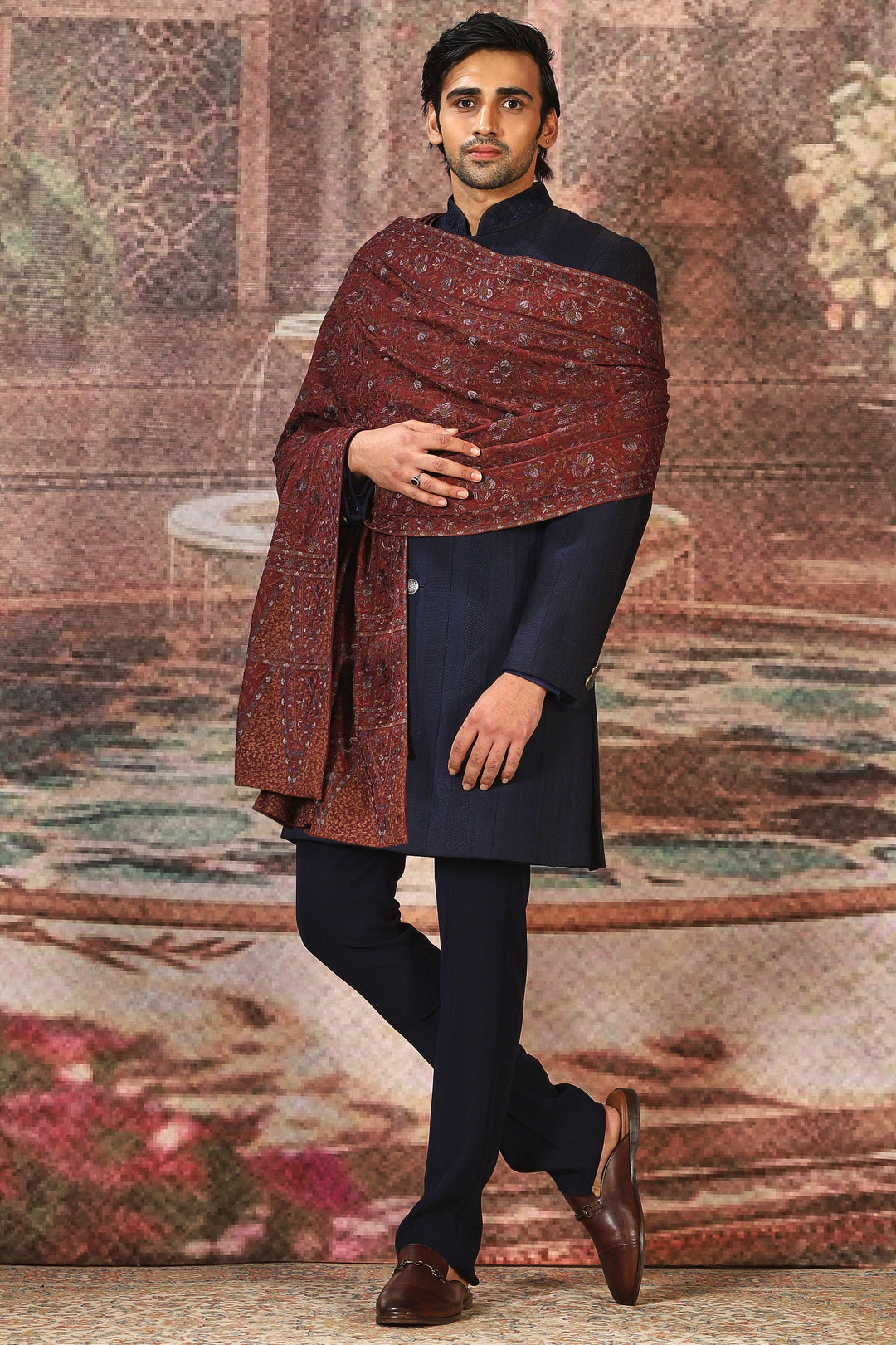 Maroon Floral Silk Embroidered Stole