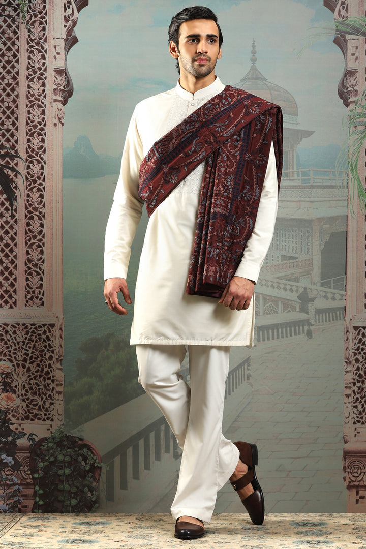 Maroon Silk Paisely Embroidered Stole