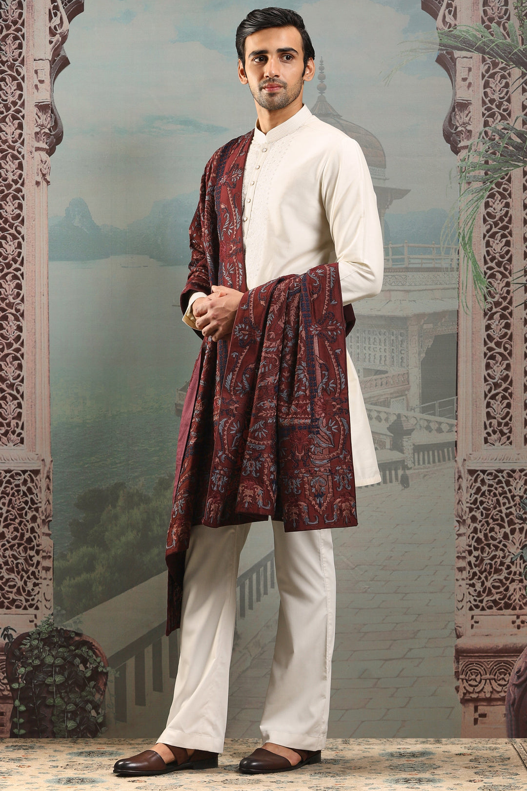 Maroon Silk Paisely Embroidered Stole