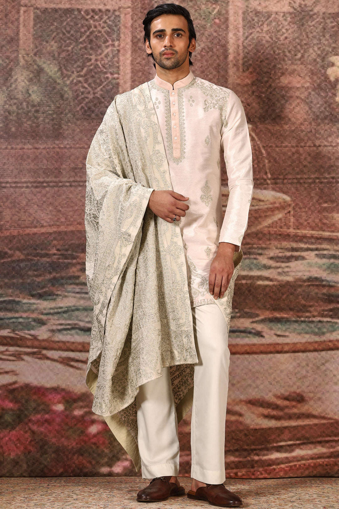 Premium Ivory Silk Embroidered Stole