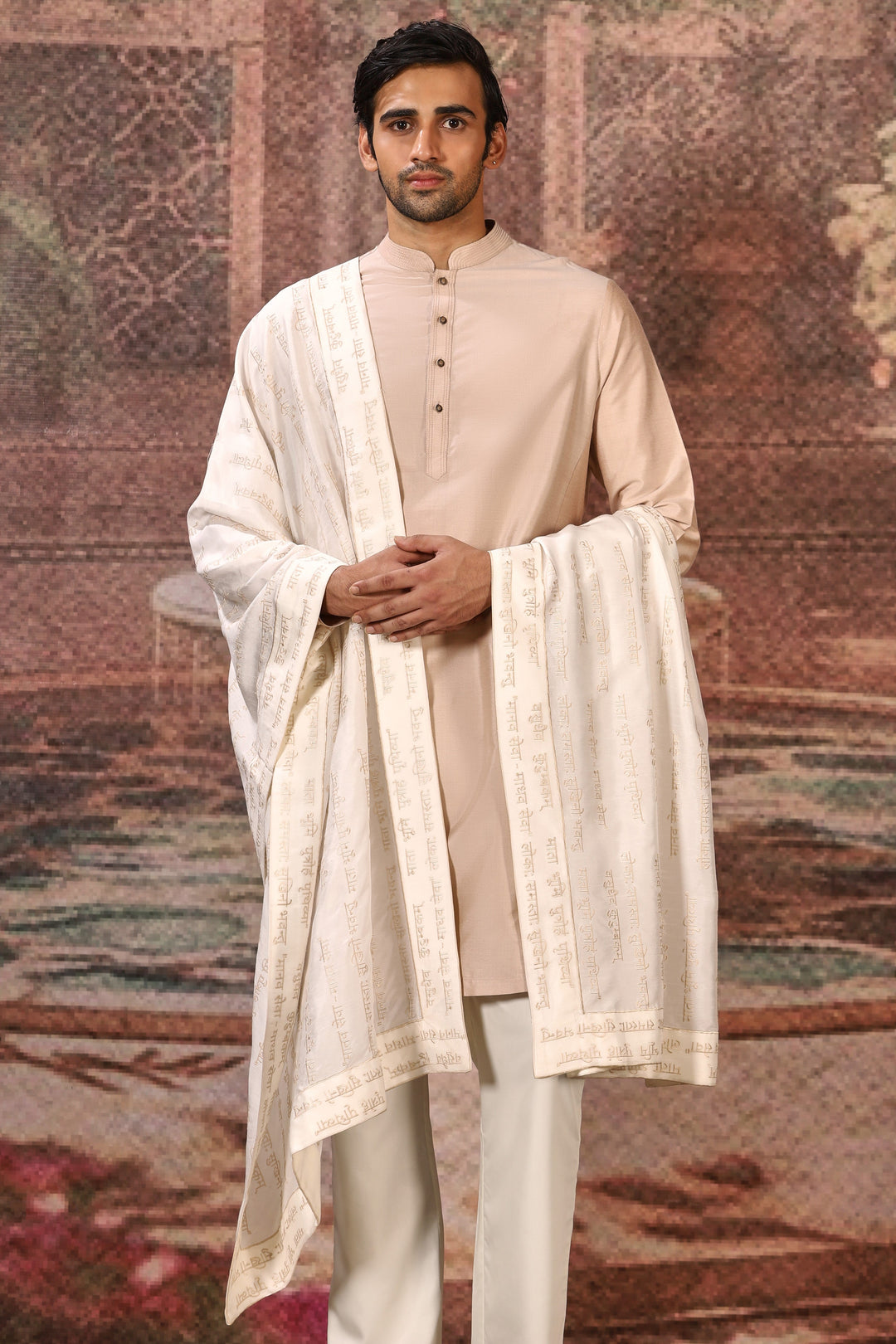 Cream Pearl Silk Embroidered Stole