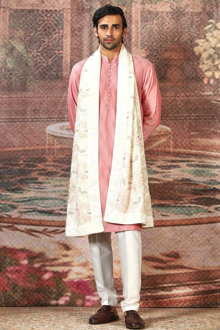Off-White Silk Floral Embroidered Stole