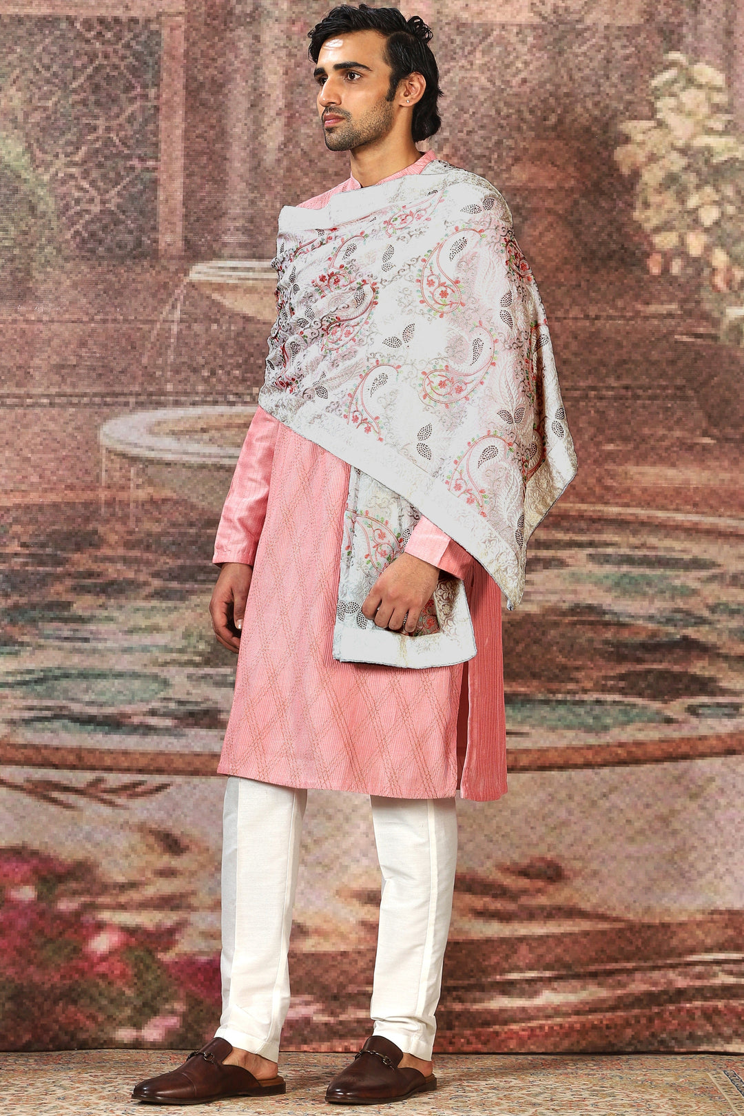 Ivory Silk Floral Embroidered Stole