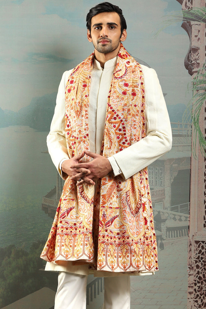 Mughal Beige Silk Embroidered Stole