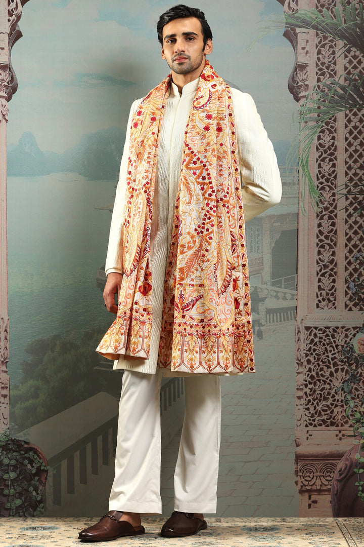 Mughal Beige Silk Embroidered Stole