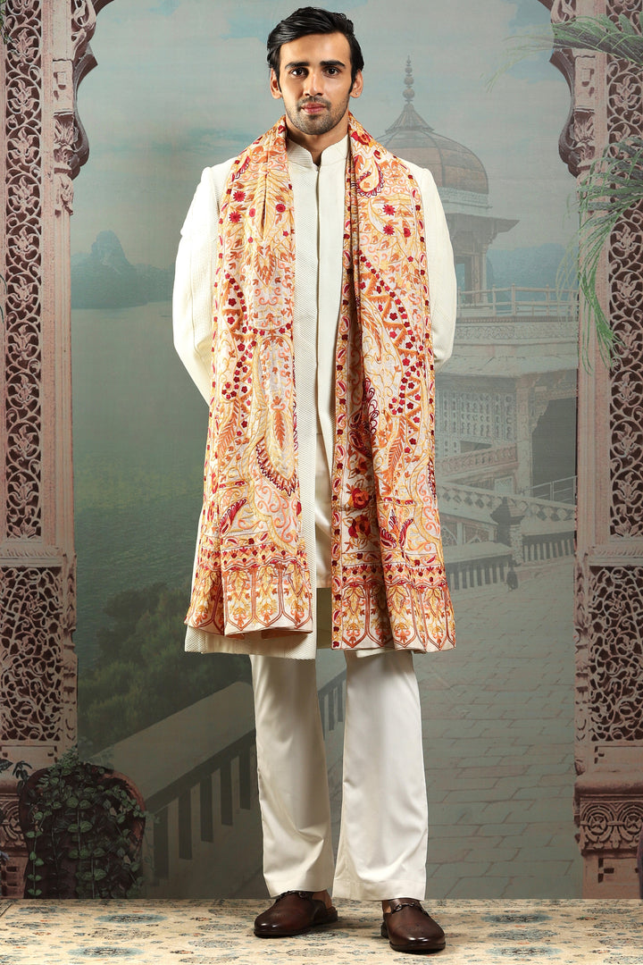 Mughal Beige Silk Embroidered Stole