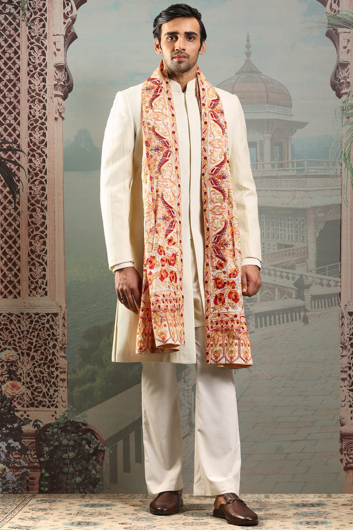 Mughal Beige Silk Embroidered Stole
