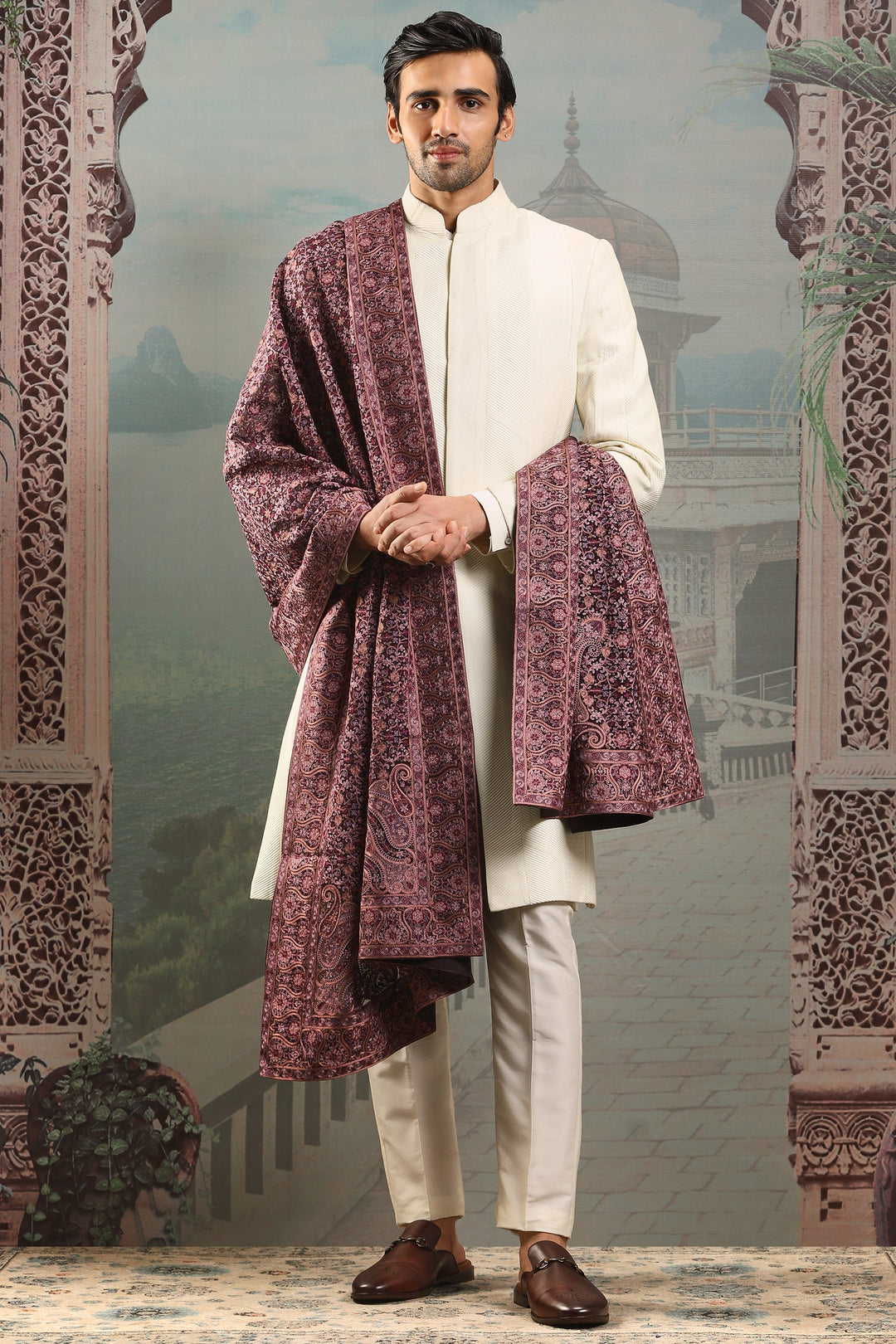Plum Floral Silk Embroidered Stole