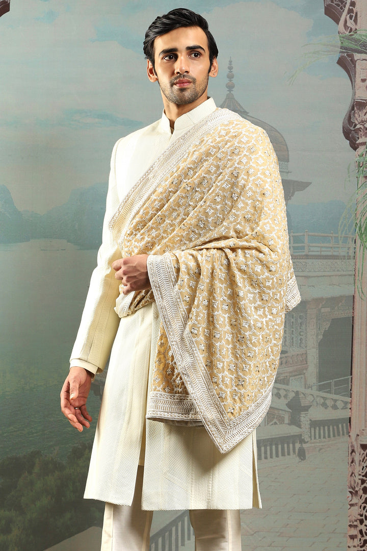 Regal Zardozi Ivory Silk Embroidered Stole