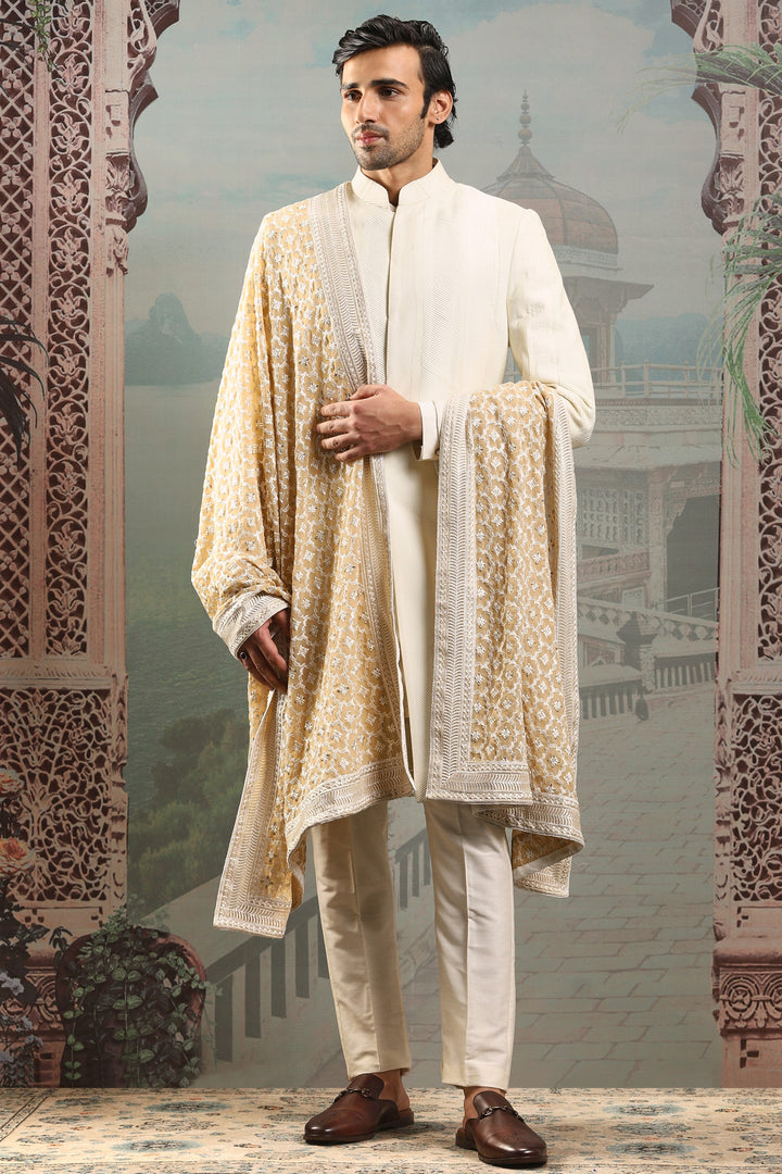 Regal Zardozi Ivory Silk Embroidered Stole