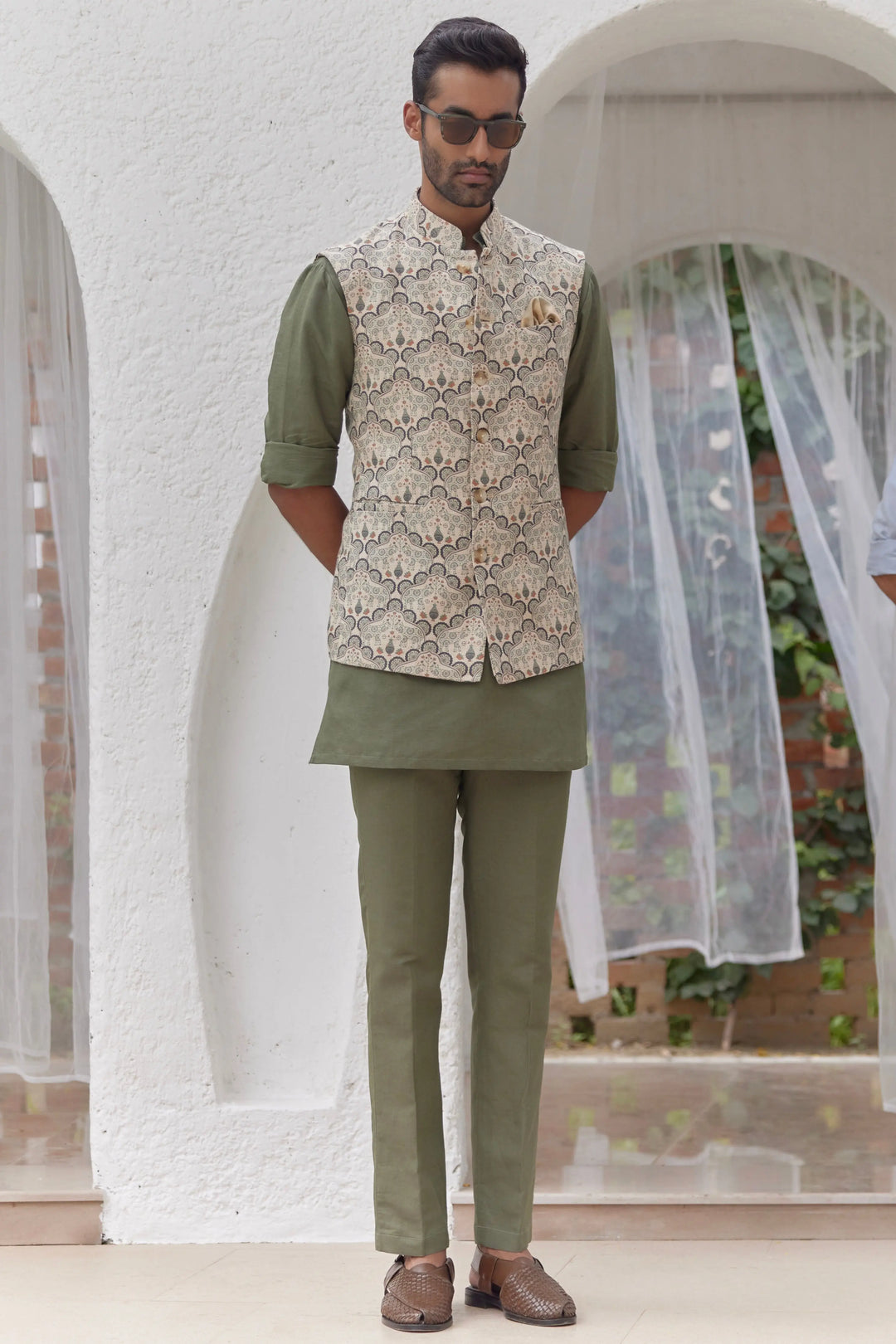 Get High-Quality Sage Green Paisley Printed Kurta Bundi Set