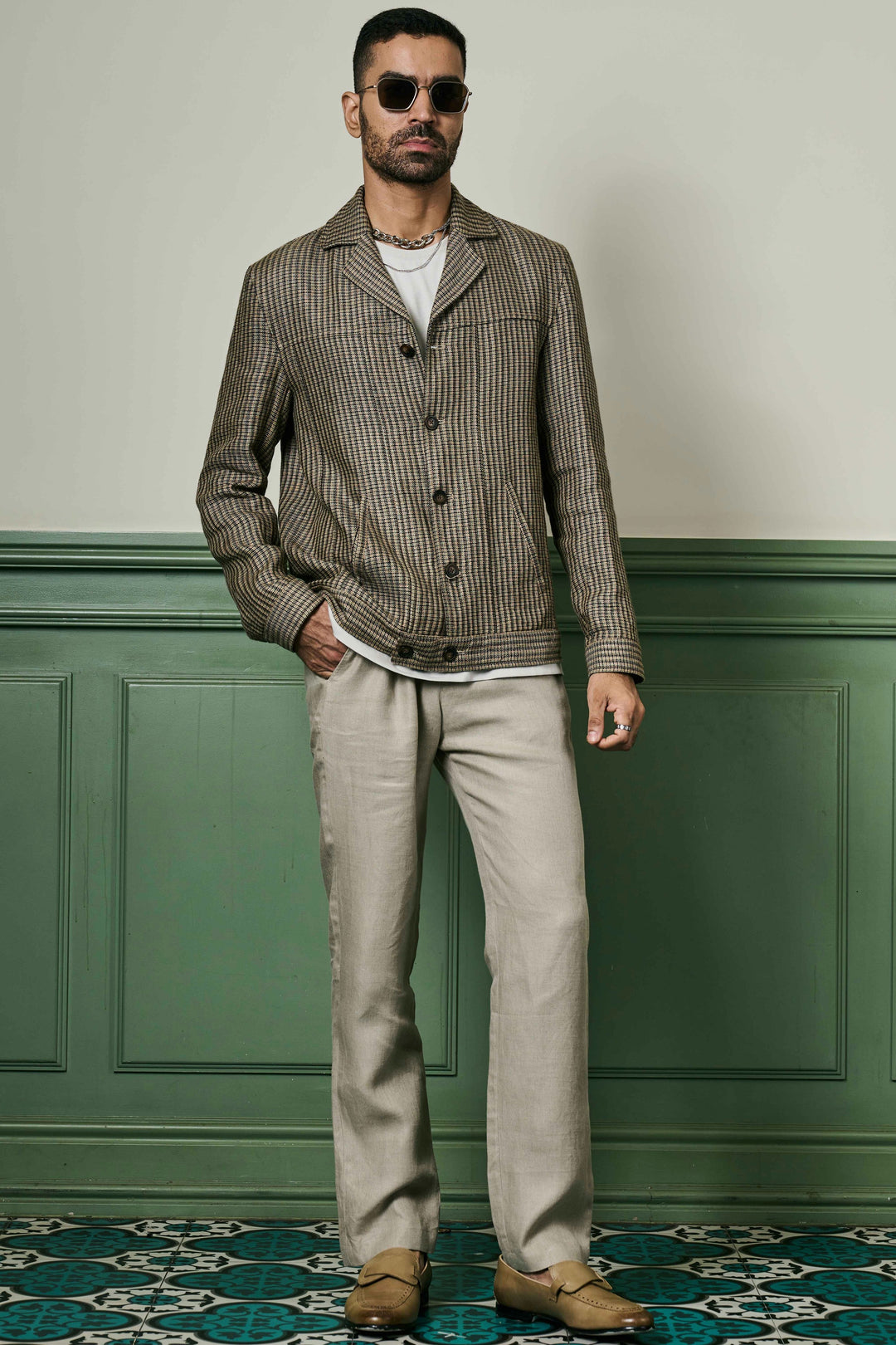 Shop Affordable Brown Houndstooth Linen Cuban Collar Jacket Now.