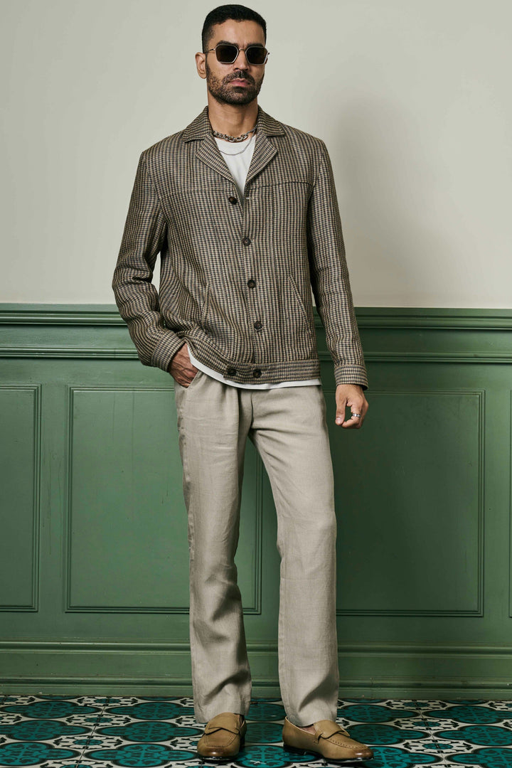 Shop Affordable Brown Houndstooth Linen Cuban Collar Jacket Now.