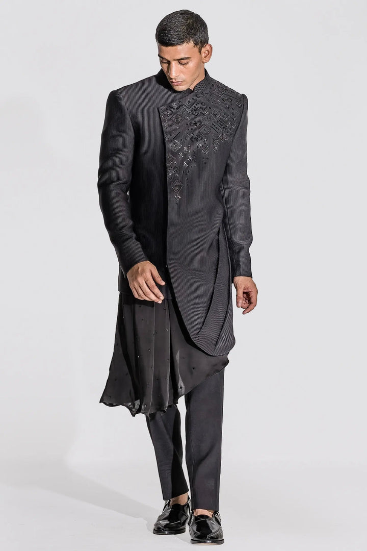 Minimally Magnificent Black Asymmetrical Angrakha Achkan - Asuka Couture