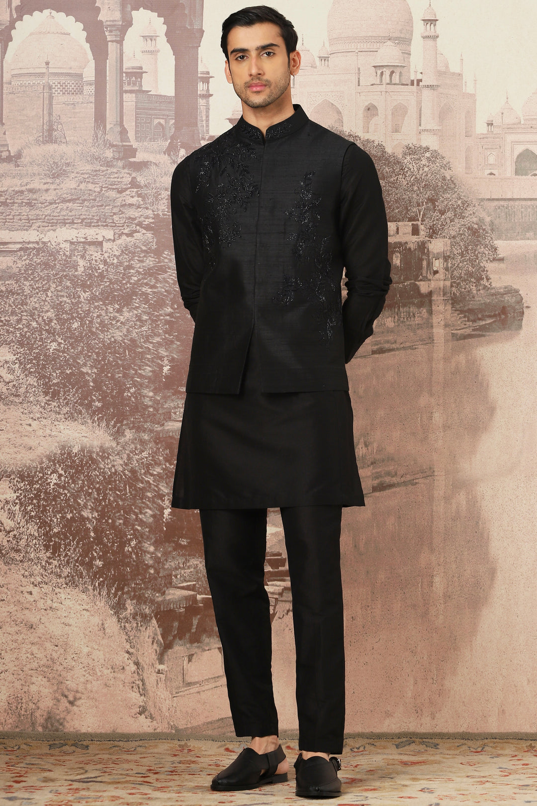  Shop Black Aura Embroidered Raw Silk Kurta Bundi Set