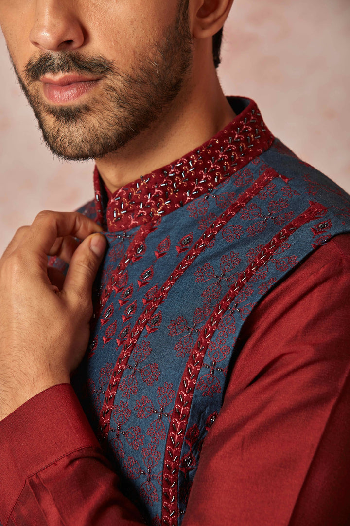 Shop Blue Raw Silk Embroidered Bundi Set with Maroon Silk Kurta Online