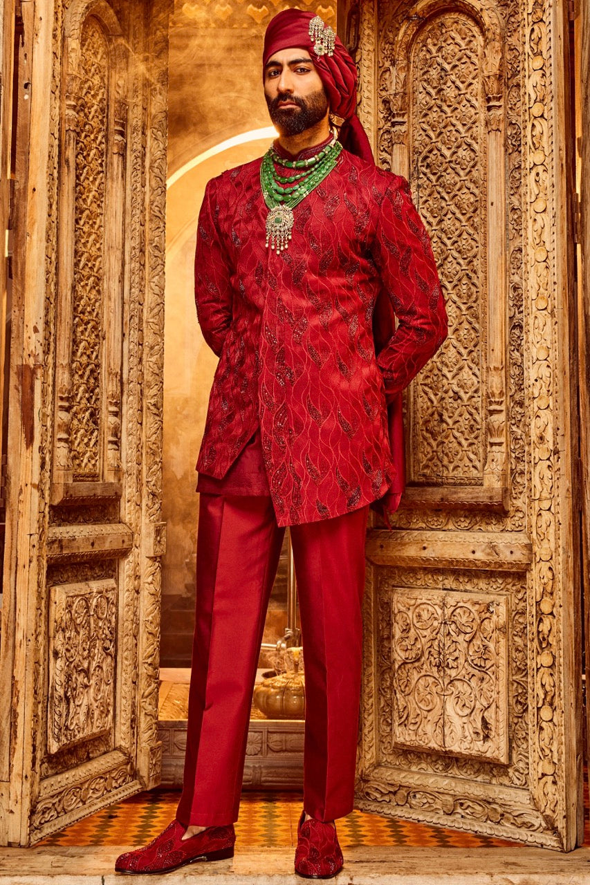 Shop Deep Red Chanderi Silk Asymmetrical Sherwani with Home Delivery