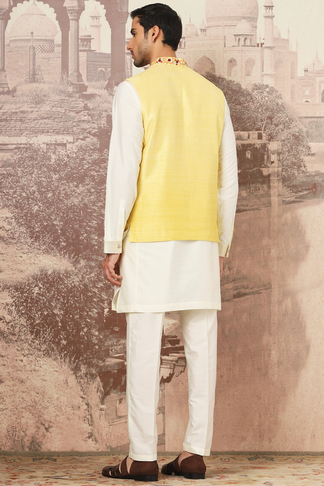 Shop Golden Canary Raw Silk Embroidered Kurta Bundi Set 