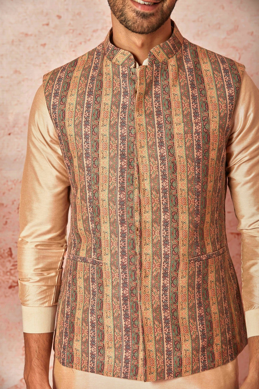 Shop Linen Bundi with Beige Silk Kurta & Pyjama Set