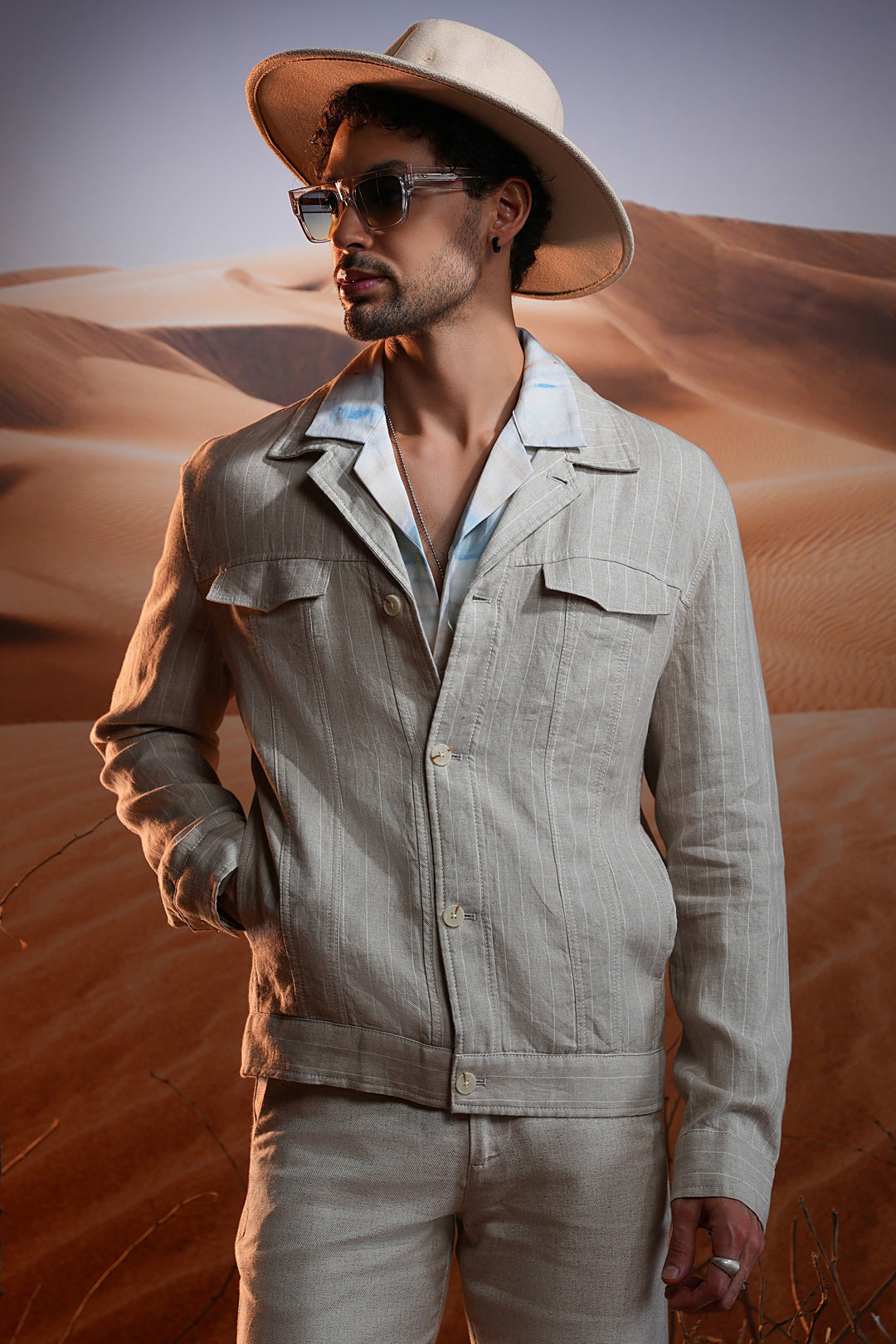Shop Natural Chalk Stripe Linen Cuban Jacket Online – Fast Delivery