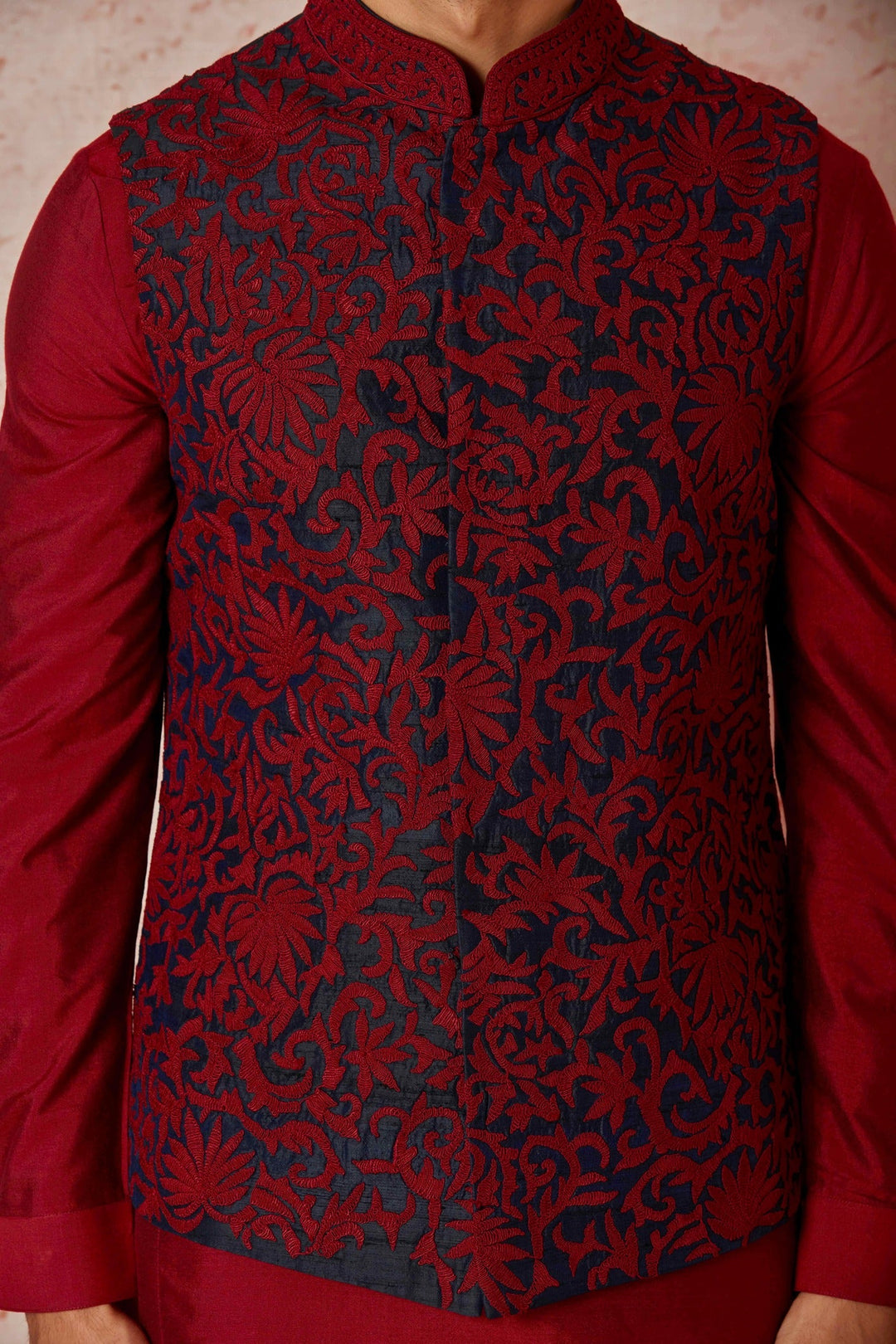 Shop Navy Blue Raw Silk Bundi with Red Kiran Dori Embroidery Online