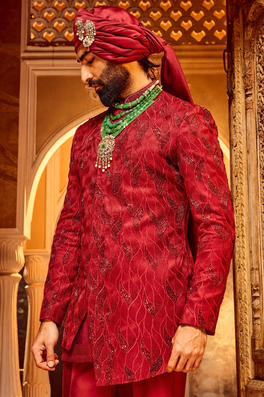 Shop Now: Deep Red Chanderi Silk Asymmetrical Sherwani – Affordable Price