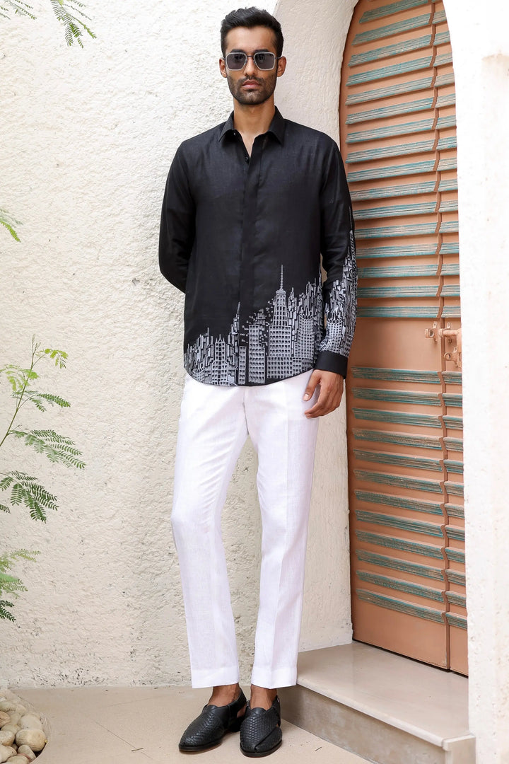 Shop Now for a Black City Printed Resham Linen Shirt 