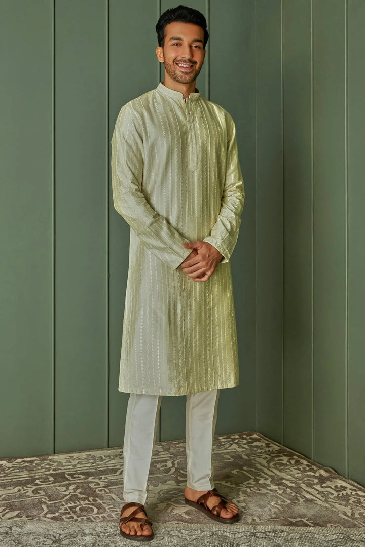 Shop Now for Lime Striped Resham Fusion Tussar Silk Kurta