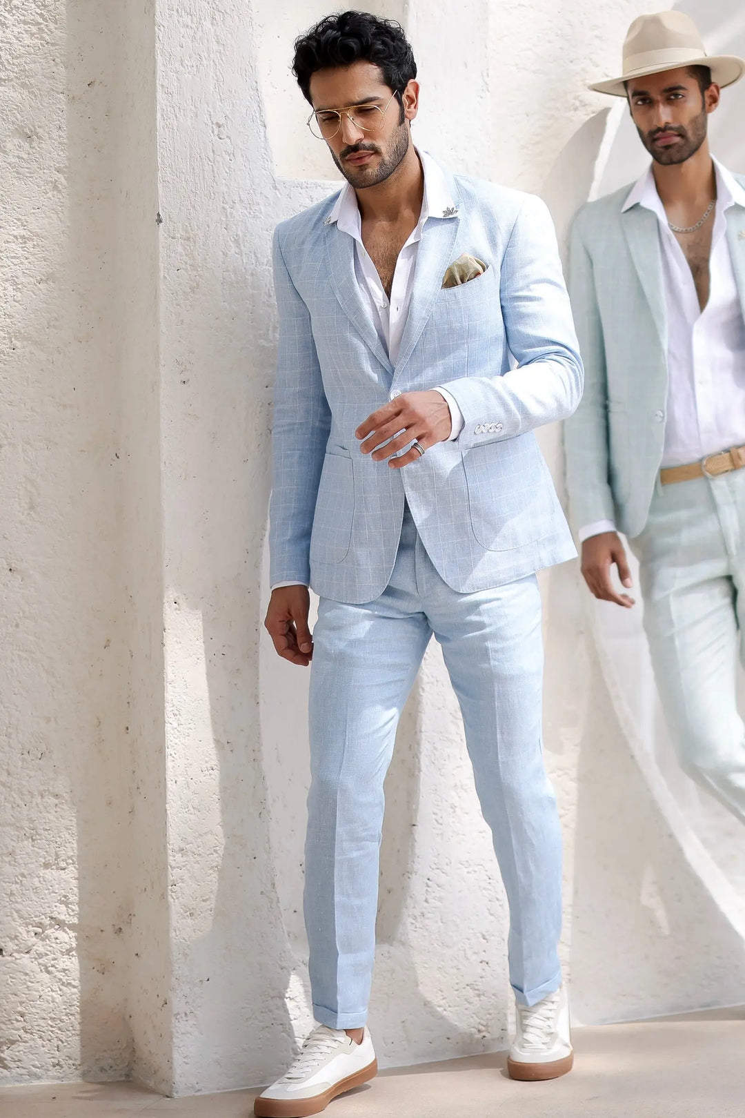 Shop Online for Powder Blue Windowpane Check Blazer Set 