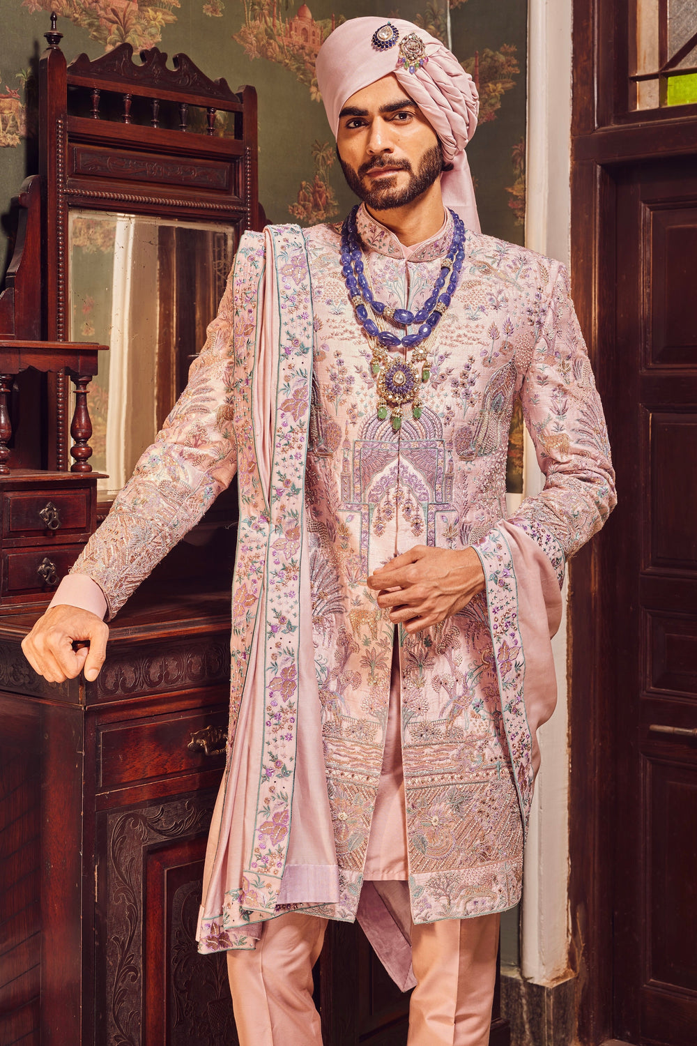 Shop Pink Raw Silk Panel Embroidered Sherwani – Order Today for Home Delivery