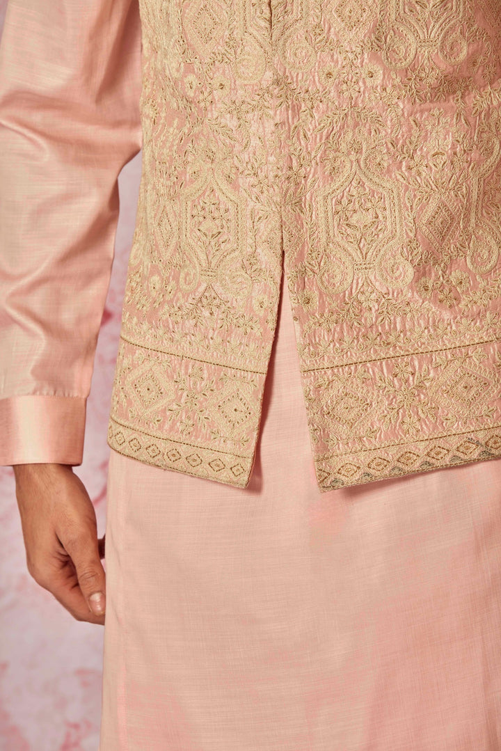 Shop Quality Cream Raw Silk Bundi with Salmon Pink Kurta 