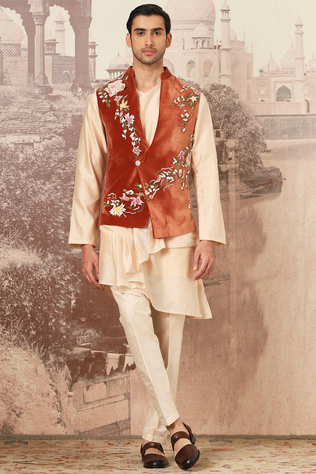 Shop Quality Sienna Rust Velvet Embroidered Kurta Bundi Set